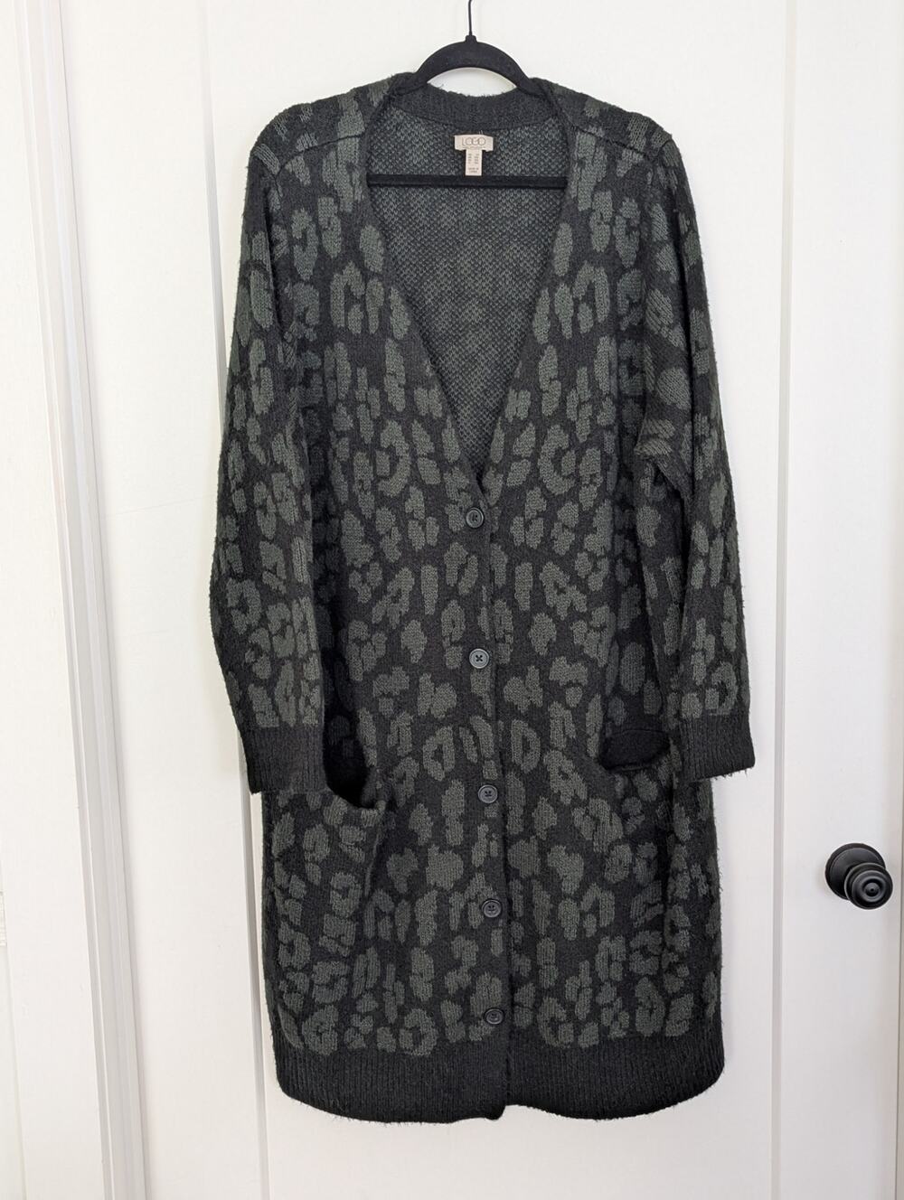 LOGO Lori Goldstein Cardigan Sweater 2X Leopard Print Long Duster Pockets